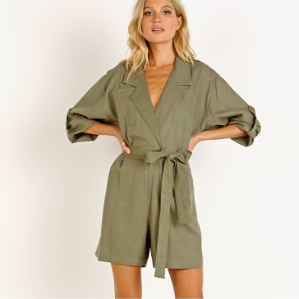Jen's Pirate Booty Imperial Jumpsuit Romper in Military Green Linen Blend